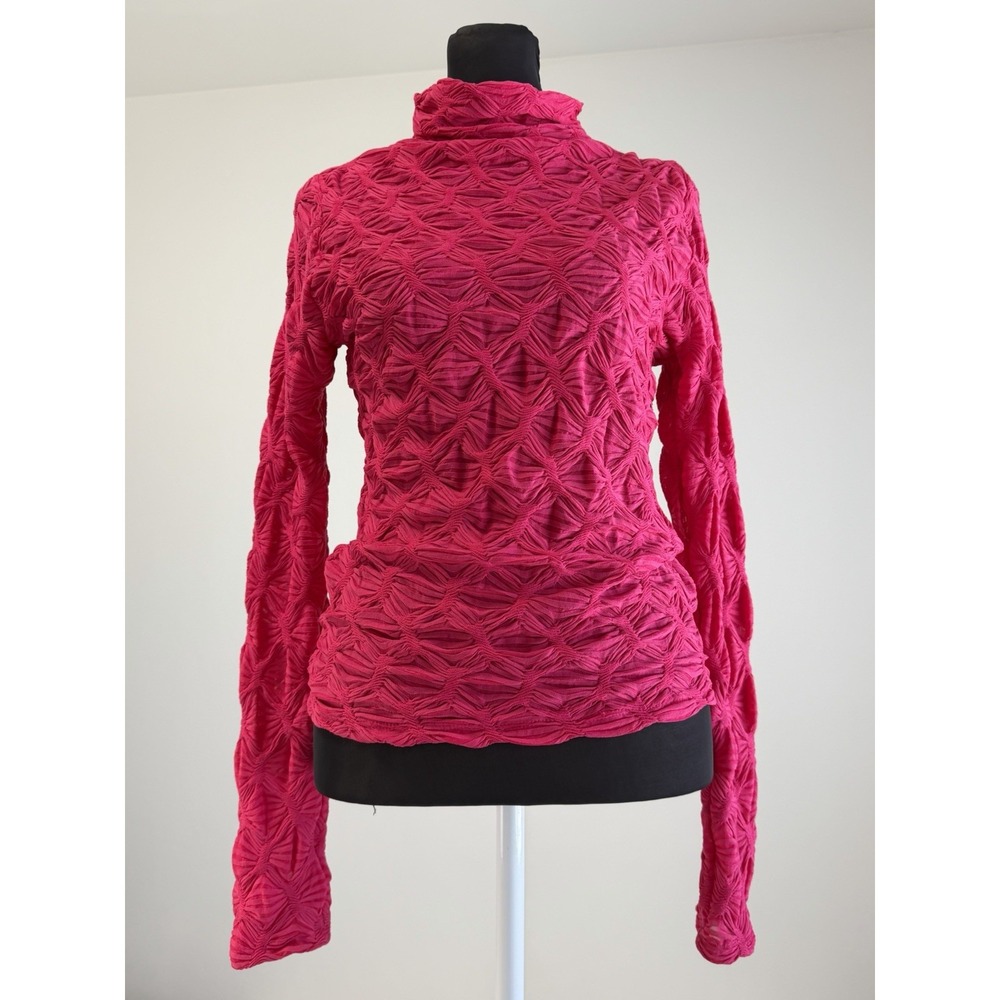 ANTHROPOLOGIE MAEVE SZ S HOT PINK MOCK NECK STRETCH SEMI SHEER BLOUSE Textured